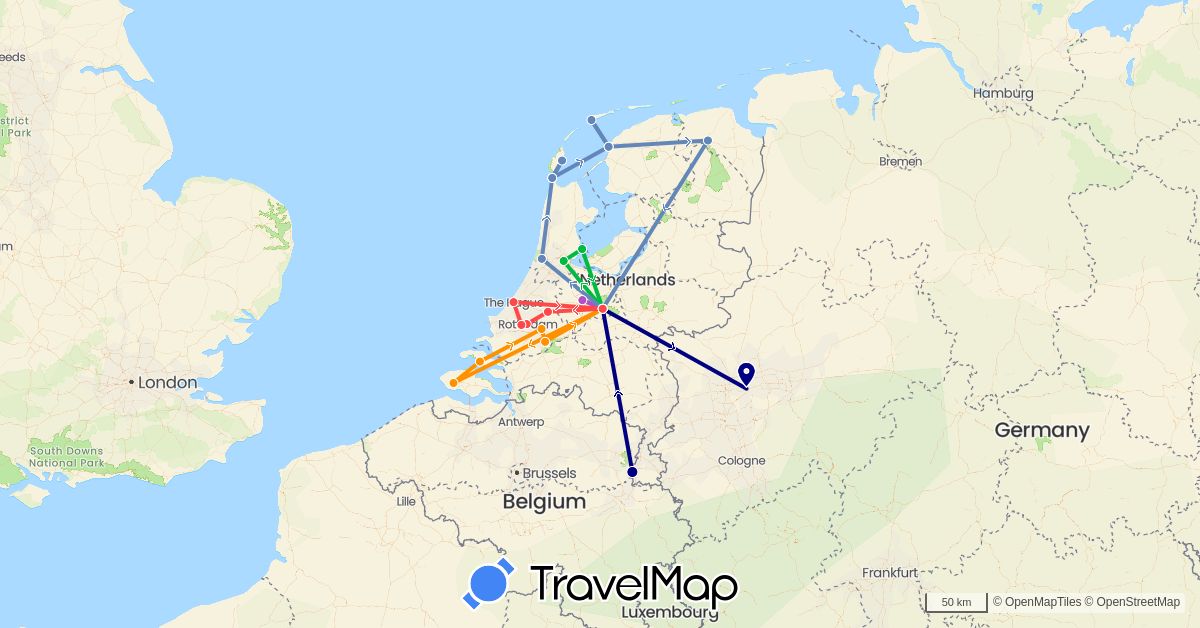 TravelMap itinerary: driving, bus, cycling, train, hiking, hitchhiking in Germany, Netherlands (Europe)
