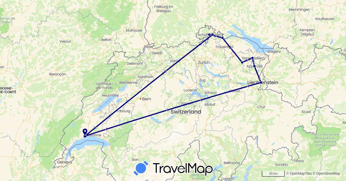 TravelMap itinerary: driving in Switzerland, Germany, Liechtenstein (Europe)