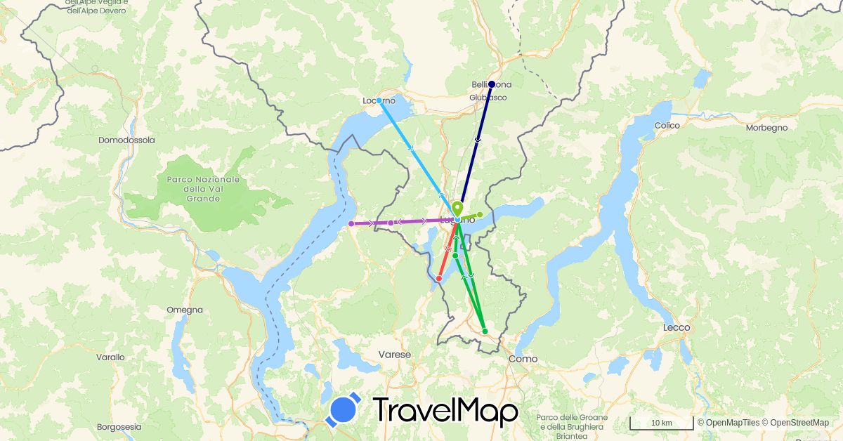 TravelMap itinerary: driving, bus, train, hiking, boat, electric vehicle in Switzerland, Italy (Europe)
