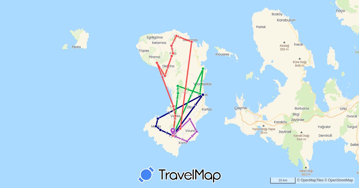 TravelMap itinerary: driving, bus, train, hiking in Greece (Europe)
