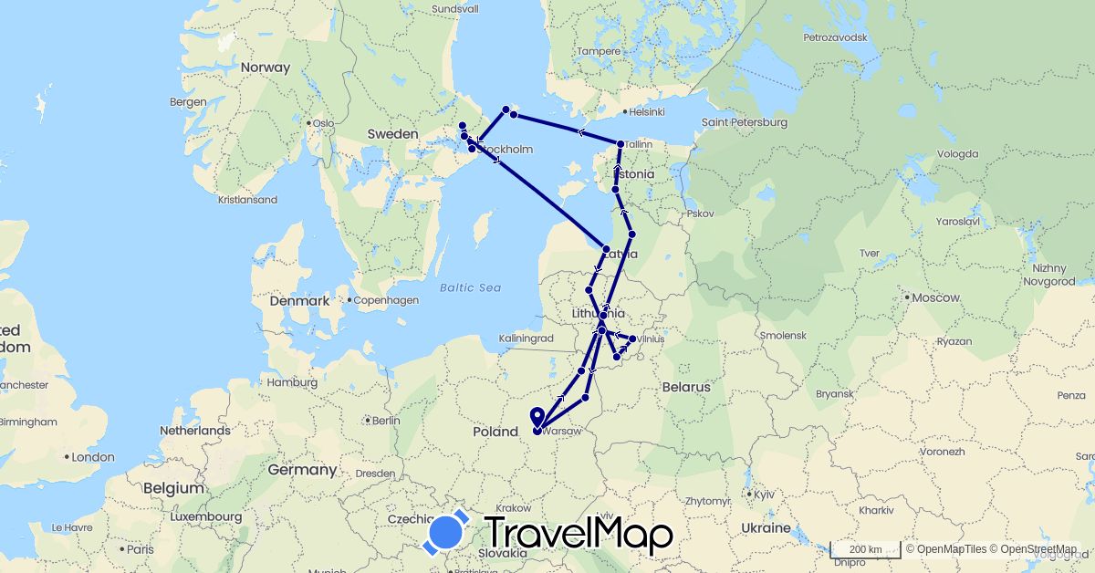 TravelMap itinerary: driving in Estonia, Finland, Lithuania, Latvia, Poland, Sweden (Europe)