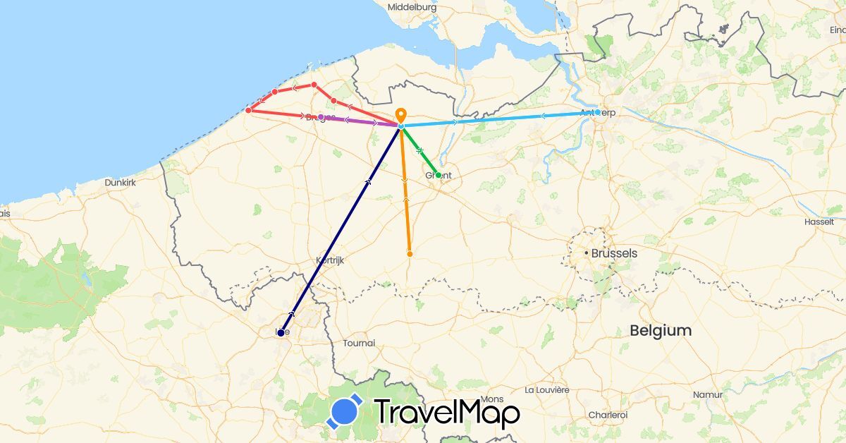 TravelMap itinerary: driving, bus, train, hiking, boat, hitchhiking in Belgium, France (Europe)