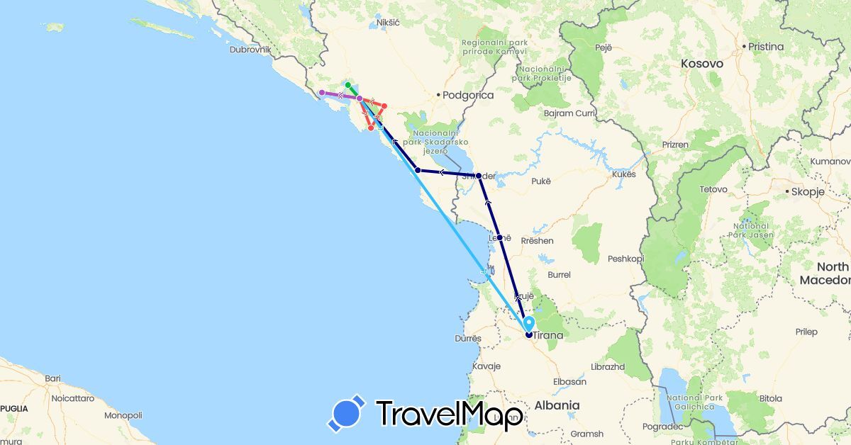 TravelMap itinerary: driving, bus, train, hiking, boat in Albania, Montenegro (Europe)