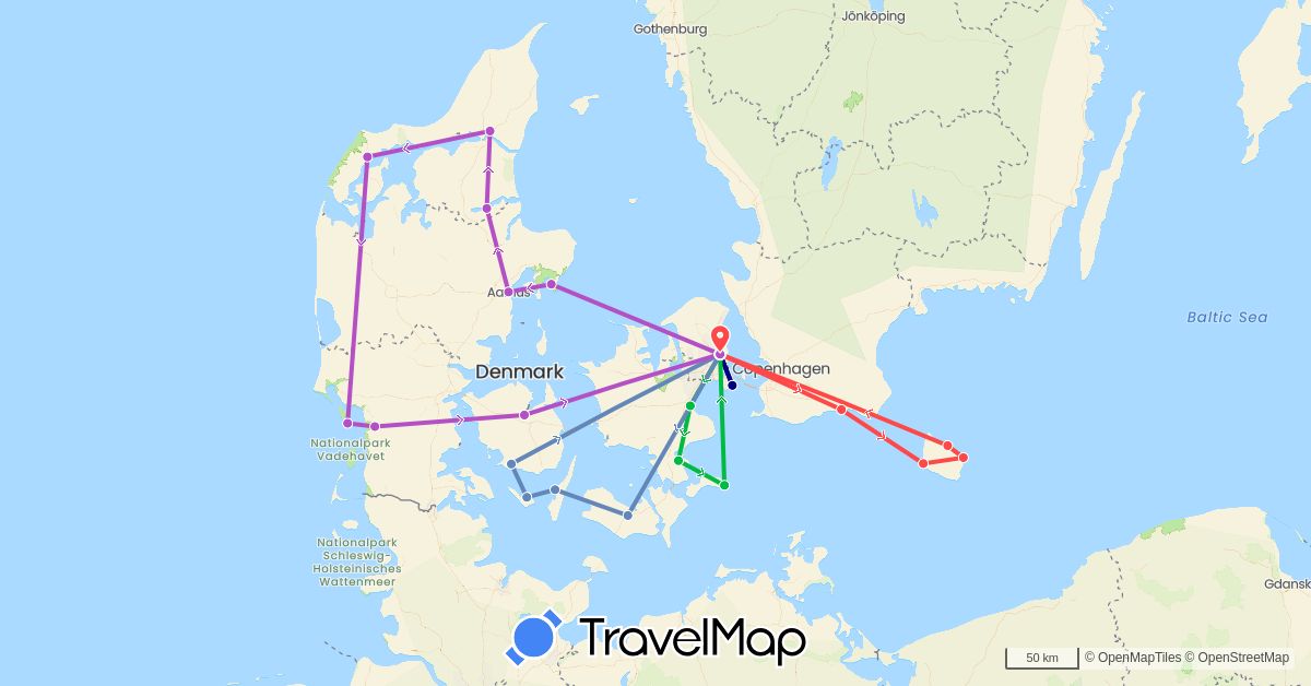 TravelMap itinerary: driving, bus, cycling, train, hiking in Denmark, Sweden (Europe)