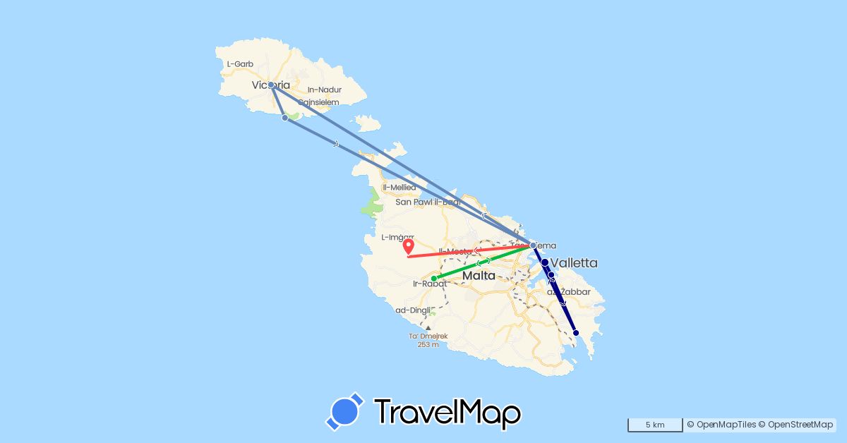 TravelMap itinerary: driving, bus, cycling, hiking in Malta (Europe)