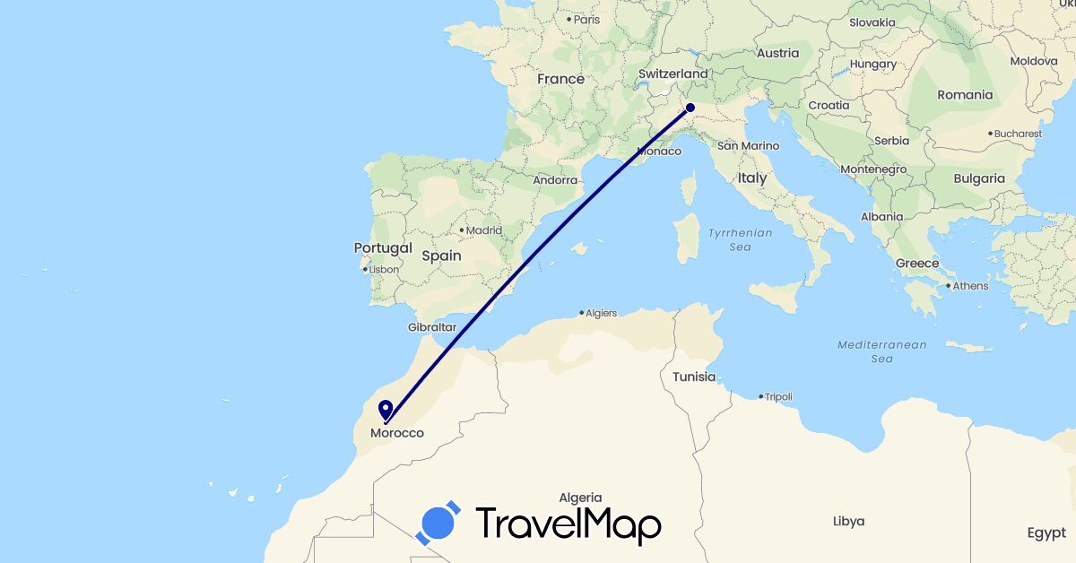 TravelMap itinerary: driving in Italy, Morocco (Africa, Europe)